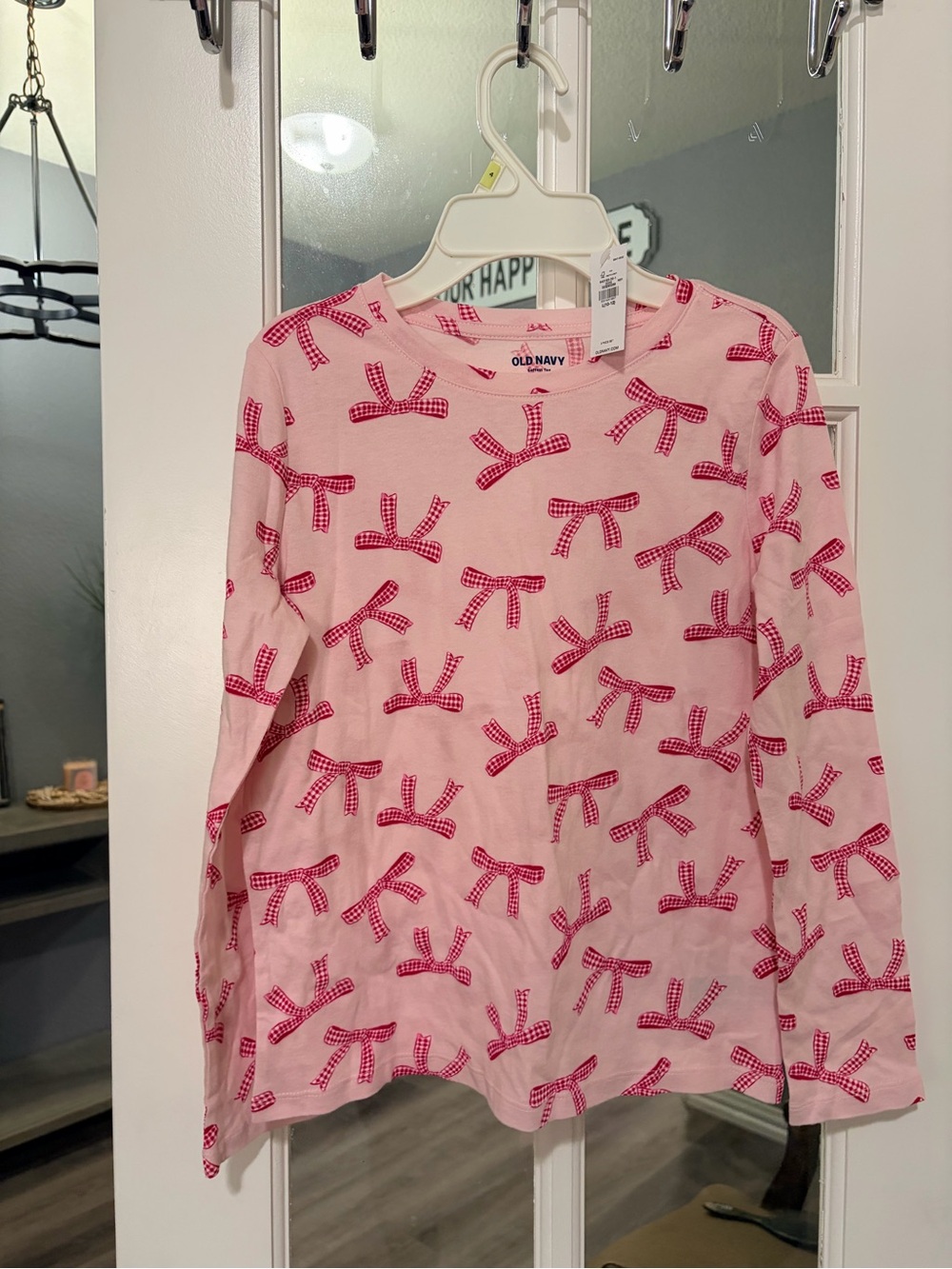 Old Navy Pink Long-Sleeve Tee with Red Gingham Bows